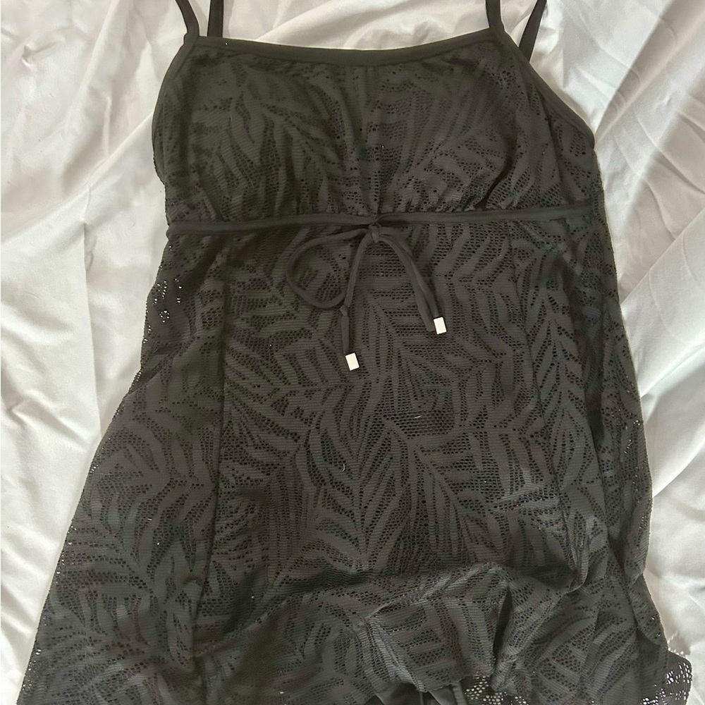 Black Sheer Leaf-Pattern Swim Cover-Up Dress